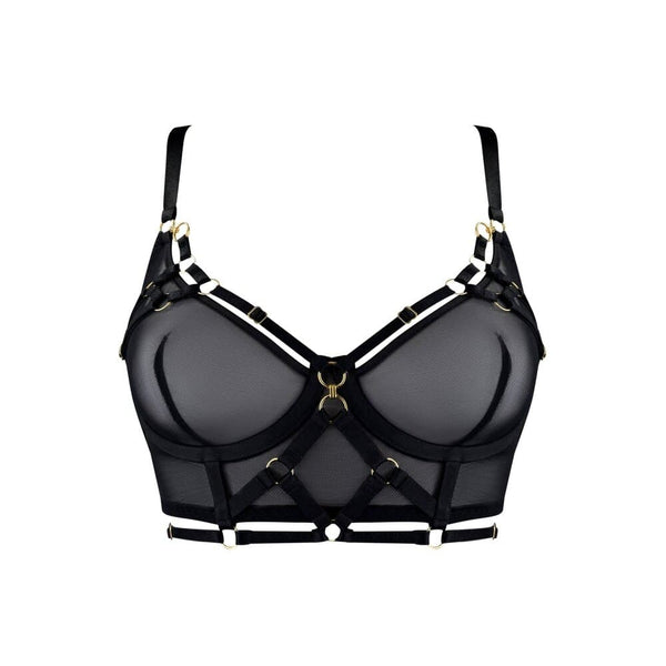 Soutien-gorge noir Bordelle modèle Zenna avec harnais intégré, mesh fin, sangles ajustables et anneaux dorés, présenté à plat sur fond clair, sélection Brigade Mondaine Paris.