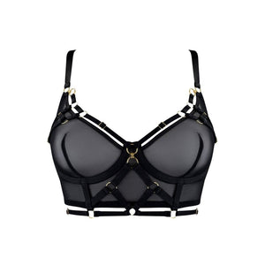 Soutien-gorge noir Bordelle modèle Zenna avec harnais intégré, mesh fin, sangles ajustables et anneaux dorés, présenté à plat sur fond clair, sélection Brigade Mondaine Paris.