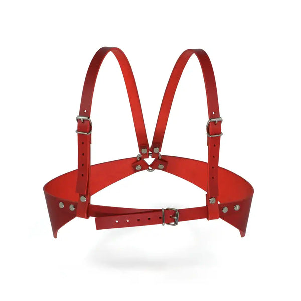 Soutien-Gorge Ouvert en cuir pleine fleur tanné végétal de haute qualité Rouge avec Détails en Quincaillerie nickelée fait à la main en grèce