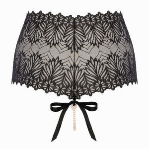 Culotte taille haute BRACLI Destinos en dentelle noire avec lurex et collier de perles amovible stimulant le point G, création artisanale espagnole.