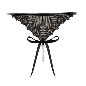 G-String BRACLI Destinos en dentelle noire avec lurex, détail perles de Manacor amovible, lingerie fine modulable et minimaliste, fabriquée à la main en Espagne.