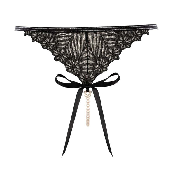 G-String BRACLI Destinos en dentelle noire avec lurex, détail perles de Manacor amovible, lingerie fine modulable et minimaliste, fabriquée à la main en Espagne.