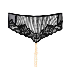 Culotte LONDON de BRACLI en dentelle stretch, satin et perles de Majorque, design taille basse, fabrication artisanale en Espagne.