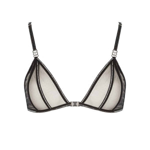 Collection Manhattan de la marque Bracli. Soutien gorge noir croisé Manhattan Lurex transparent et à dentelle. La couture est soulignée par des paillettes argentées.