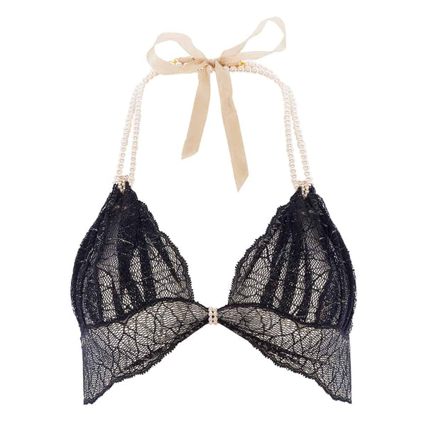 Soutien-gorge souple avec perles et attache satin en dentelle noire collection SYDNEY avec petit noeud sur le devant BRACLI chez Brigade Mondaine
