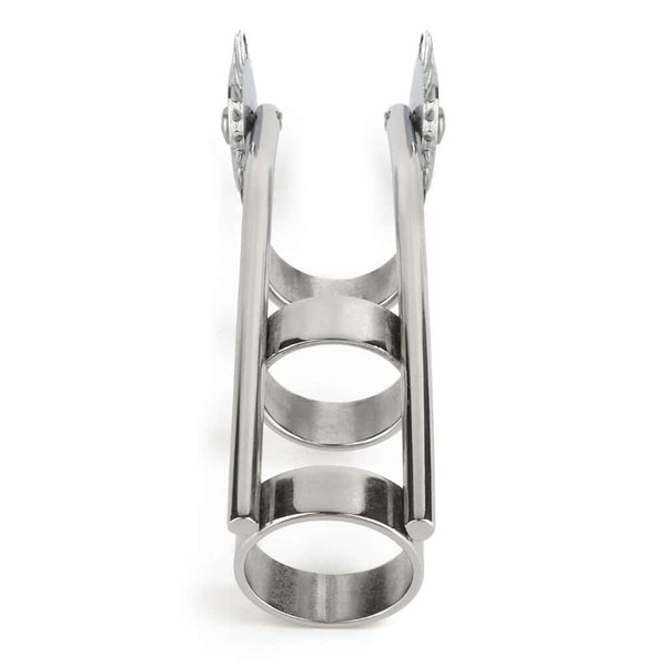 Roulette de Wartenberg à doigts en acier poli avec deux roues crantées et anneaux de maintien, présentée sur fond blanc dans une esthétique minimaliste et professionnelle.
