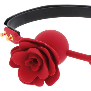 Bâillon à boule GAG Rouge et Noir en silicone de haute qualité en forme de rose sangle réglable en similicuir Finitions Dorées en Métal sans nickel