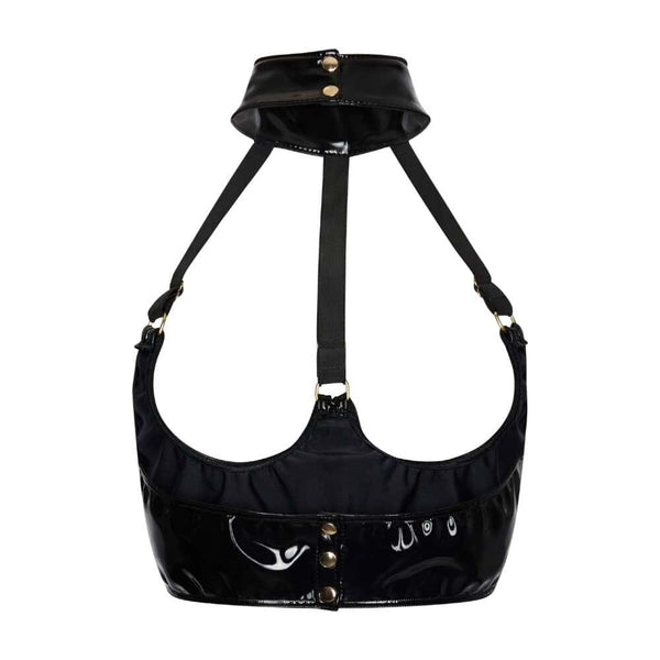 Modèle portant un soutien-gorge ouvert en Datex noir avec lanières structurées et col montant, présenté par Brigade Mondaine Paris sur fond clair.