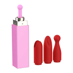 Stimulateur clitoridien compact en forme de rouge à lèvres, 10 modes de vibration, trois embouts interchangeables, rechargeable et étanche IPX5.