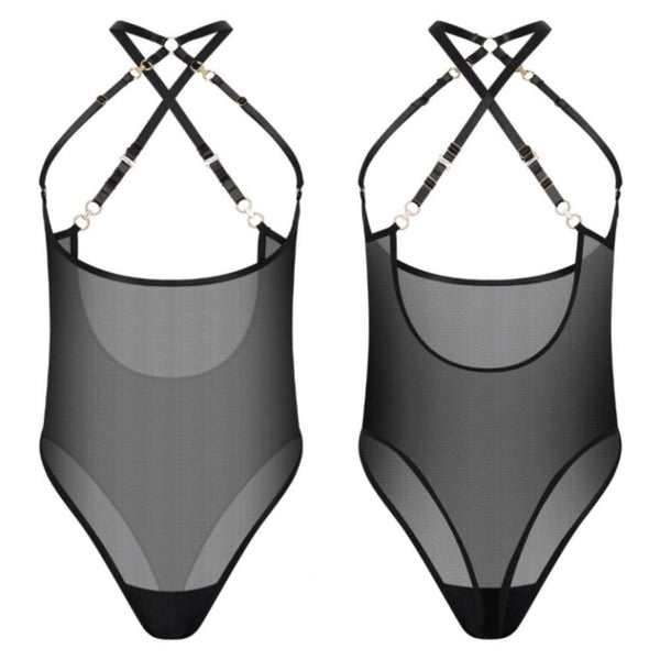 Body ouvert en mesh noir avec harnais à lanières croisées sur le buste et attaches porte-jarretelles.