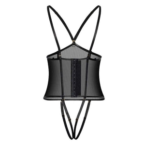 Body corset noir en mesh et résille avec jeux de lanières et porte-jarretelles.