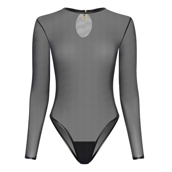 Body à manches longues en mesh noir transparent avec col rond et coupe échancrée.