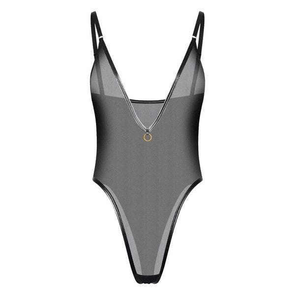 Body noir en mesh transparent avec décolleté plongeant et anneau doré.