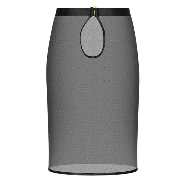 Jupe mi-longue transparente en mesh noir avec ouverture au dos
