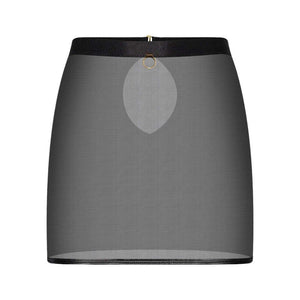 Mini-jupe en tulle noir transparent avec ouverture au dos et détail lanière.