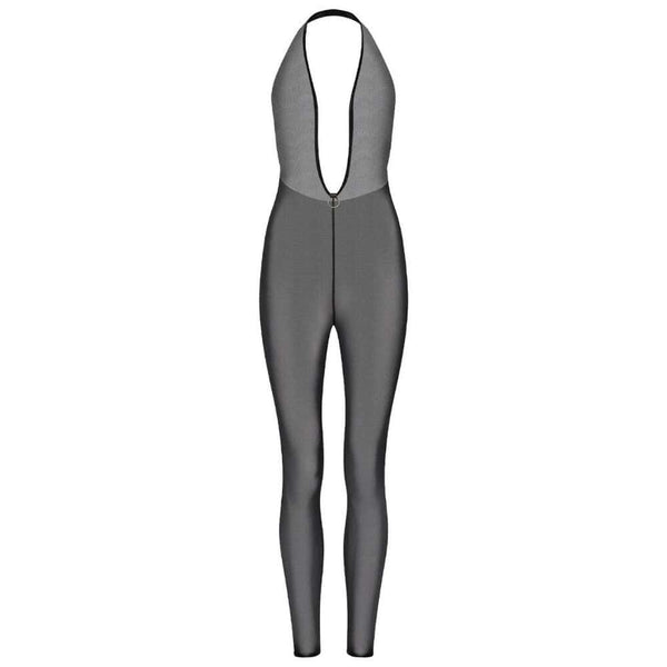 Combinaison intégrale en mesh gris transparent avec décolleté plongeant.