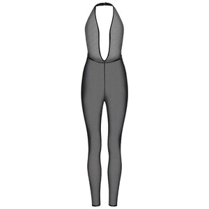Combinaison intégrale en mesh gris transparent avec décolleté plongeant.