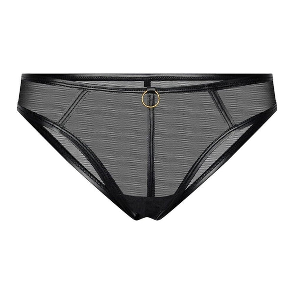 Culotte taille basse en mesh noir transparent avec anneau doré.