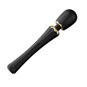 Packshot Wand Vibromasseur Noir en Silicone et palstique ABS Résiste aux éclaboussures 5 modes de vibration avec deux embouts en silicone inclus
