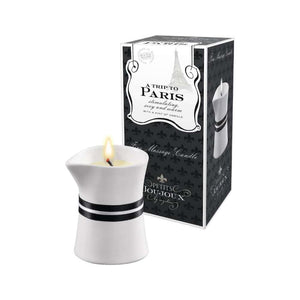 Bougie de massage Paris parfum vanille-santal, cire naturelle fondant en huile nourrissante au karité et jojoba, pour des moments sensuels et raffinés à deux.