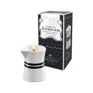 Bougie de massage parfumée patchouli-musc, fondant en huile hydratante naturelle au jojoba et karité, pour des instants sensoriels inspirés de l’antiquité grecque.