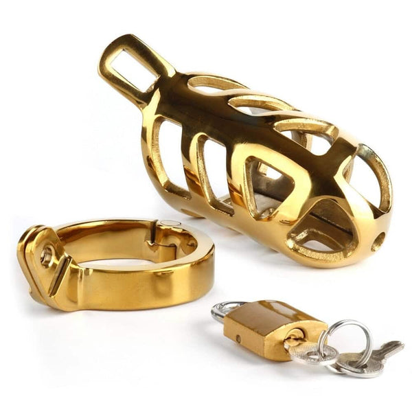 Cage de chasteté fabriquée en acier inoxydable de haute qualité et revêtue d’une finition dorée système de verrouillage avec cadenas et clé