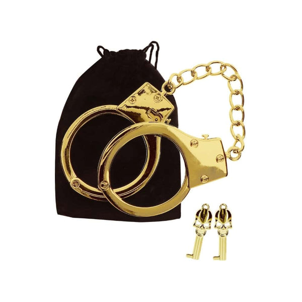 Menottes dorées en métal avec chaîne centrale et clés incluses, finition brillante, proposées par Brigade Mondaine Paris.