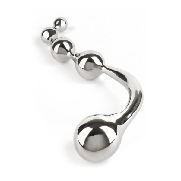 Wand Multi-Stim en acier inoxydable poli, forme incurvée avec extrémités sphériques, présenté sur fond blanc, sélection Brigade Mondaine Paris.