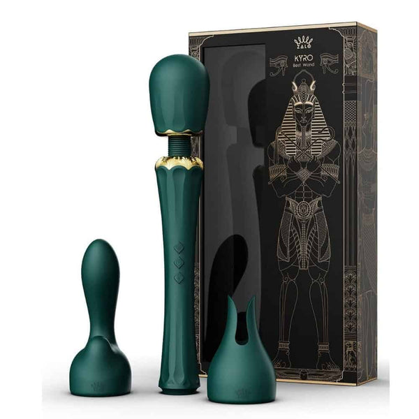 Wand Kyro Eden en silicone vert profond avec finitions dorées, présentée par Brigade Mondaine Paris, accessoire de stimulation au design élégant et contemporain.