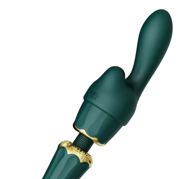 Wand Kyro Eden en silicone vert profond avec finitions dorées, présentée par Brigade Mondaine Paris, accessoire de stimulation au design élégant et contemporain.