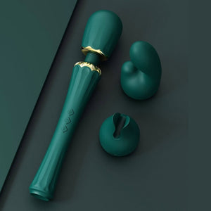 Wand Kyro Eden en silicone vert profond avec finitions dorées, présentée par Brigade Mondaine Paris, accessoire de stimulation au design élégant et contemporain.