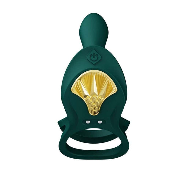 Vibromasseur portable au design ergonomique présenté avec son écrin, posé sur un décor aux nuances bleues et rouges, sélection Brigade Mondaine Paris. Sextoys Electriques