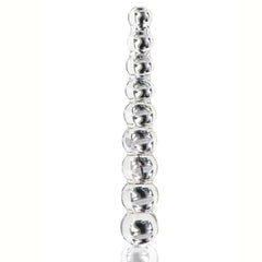 Dildo en verre transparent composé de formes sphériques alignées, présenté verticalement sur fond blanc, avec une finition lisse et brillante.