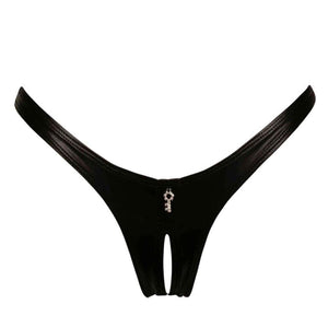 String Annabelle CATANZARO noir avec ouverture centrale et détail bijou métallique à l’avant, pièce haut de gamme proposée par Brigade Mondaine, sur fond blanc.