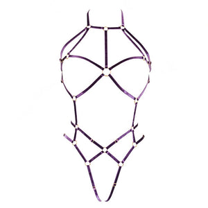 Harnais Jane Améthyst en velours élastique avec finitions artisanales et anneaux métalliques haut de gamme.