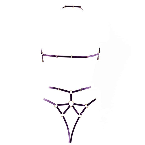 Harnais Jane Améthyst en velours élastique avec finitions artisanales et anneaux métalliques haut de gamme.