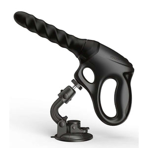 Sex machine noire avec poignée ergonomique, embout texturé et support ventouse ajustable, accessoire proposé par Brigade Mondaine Paris.