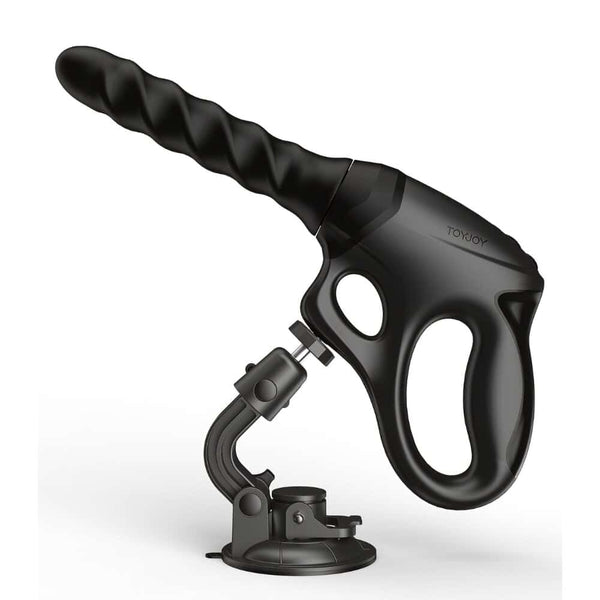 Sex machine noire avec poignée ergonomique, embout texturé et support ventouse ajustable, accessoire proposé par Brigade Mondaine Paris.