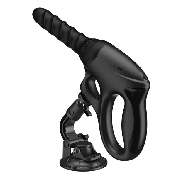 Sex machine noire avec poignée ergonomique, embout texturé et support ventouse ajustable, accessoire proposé par Brigade Mondaine Paris.