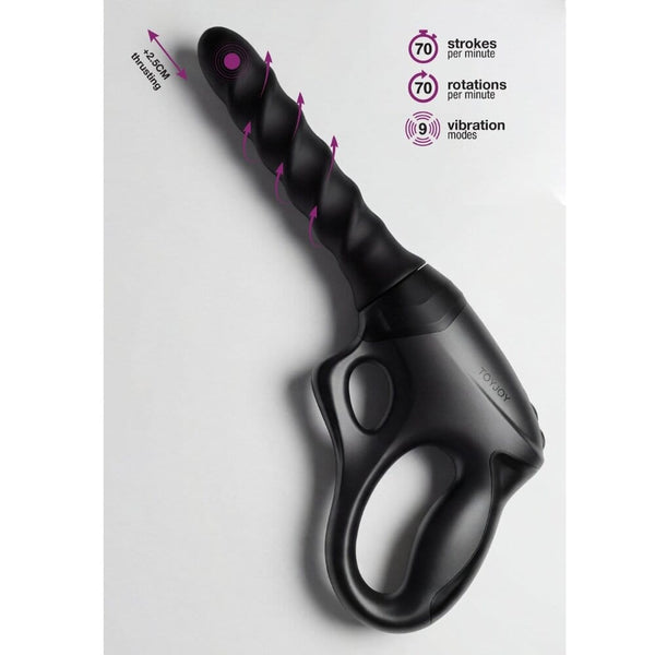 Sex machine noire avec poignée ergonomique, embout texturé et support ventouse ajustable, accessoire proposé par Brigade Mondaine Paris.