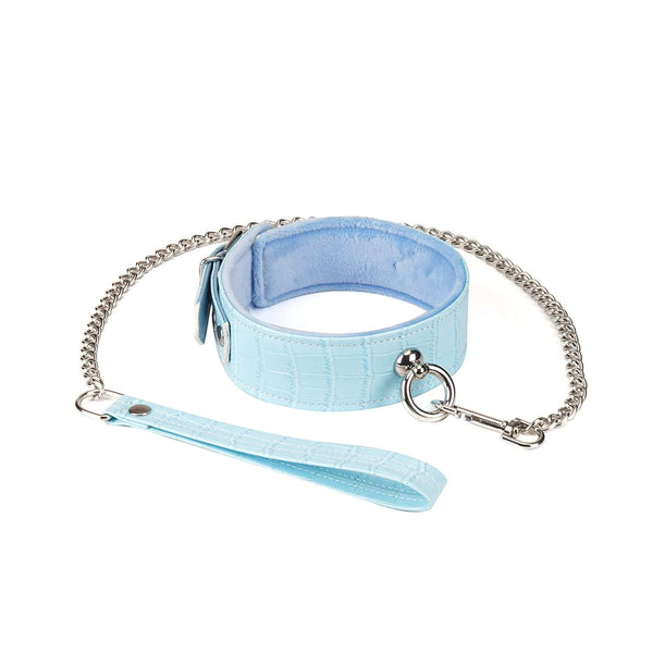 Kit de Bondage Macaron Bleu Menthe LIEBE SEELE, 9 pièces : bandeau, bâillon-boule, collier avec laisse, menottes poignets et chevilles, paddle, flogger, hogtie, mini masseur, similicuir bleu menthe avec finitions argentées.
