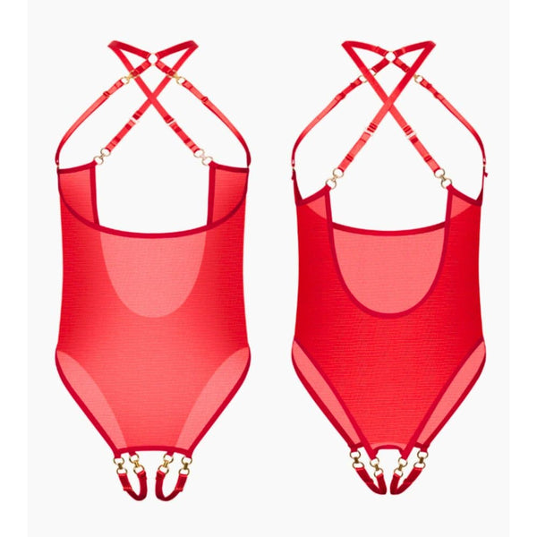 Body ouvert en dentelle rouge avec dos nu et détails de lanières.