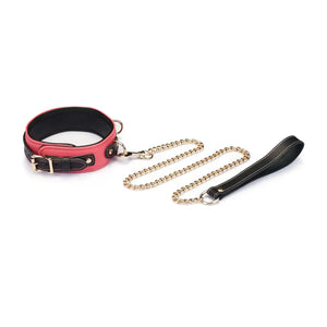 Collier et Laisse Réglable cuir de vache italien premium couleur rouge et noir Finitions en Métal doré fermeture par boucle laisse amovible avec chaîne dorée et poignée en cuir