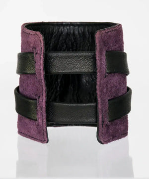Menottes Bracelets Réversibles Noir et Violette en Cuir et Acier Inoxydable
