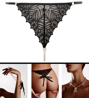 G-String BRACLI Destinos en dentelle noire avec lurex, détail perles de Manacor amovible, lingerie fine modulable et minimaliste, fabriquée à la main en Espagne.