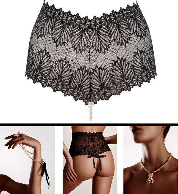 Culotte taille haute BRACLI Destinos en dentelle noire avec lurex et collier de perles amovible stimulant le point G, création artisanale espagnole.