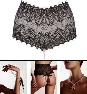 Culotte taille haute BRACLI Destinos en dentelle noire avec lurex et collier de perles amovible stimulant le point G, création artisanale espagnole.