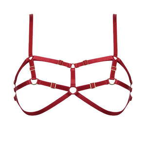 Soutien gorge D ring en élastiques rouge et détails dorés dont un anneaux en D au niveaux des tétons par ELF ZHOU LONDON chez Brigade Mondaine
