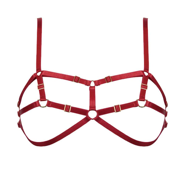 Soutien gorge D ring en élastiques rouge et détails dorés dont un anneaux en D au niveaux des tétons par ELF ZHOU LONDON chez Brigade Mondaine