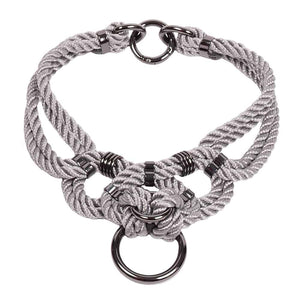 Le collier de forme choker peut être porté attaché au harnais ou seul. Fermeture au dos. Finition argentée. Totalement ajustable.